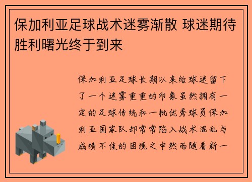 保加利亚足球战术迷雾渐散 球迷期待胜利曙光终于到来