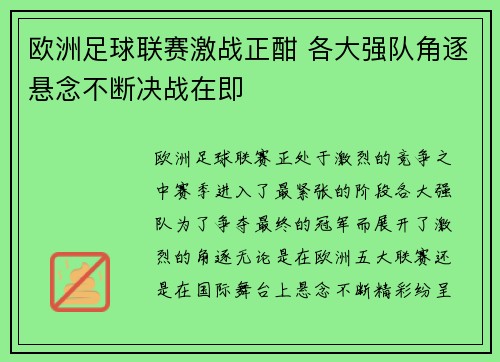 欧洲足球联赛激战正酣 各大强队角逐悬念不断决战在即