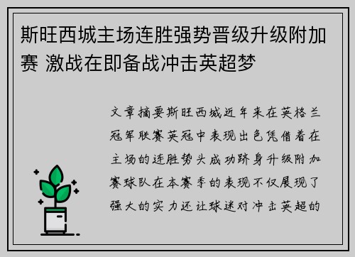 斯旺西城主场连胜强势晋级升级附加赛 激战在即备战冲击英超梦