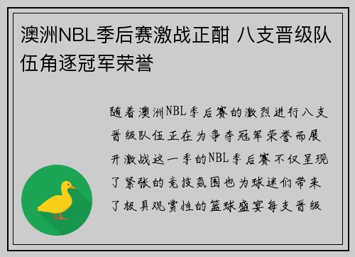 澳洲NBL季后赛激战正酣 八支晋级队伍角逐冠军荣誉