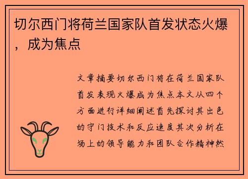 切尔西门将荷兰国家队首发状态火爆，成为焦点