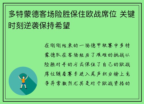 多特蒙德客场险胜保住欧战席位 关键时刻逆袭保持希望