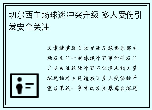 切尔西主场球迷冲突升级 多人受伤引发安全关注