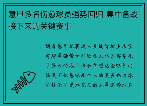 意甲多名伤愈球员强势回归 集中备战接下来的关键赛事