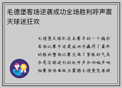 毛德堡客场逆袭成功全场胜利呼声震天球迷狂欢