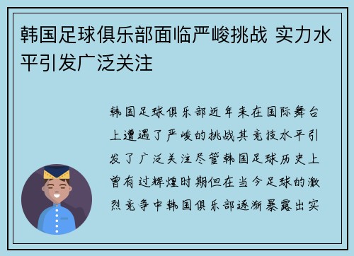 韩国足球俱乐部面临严峻挑战 实力水平引发广泛关注
